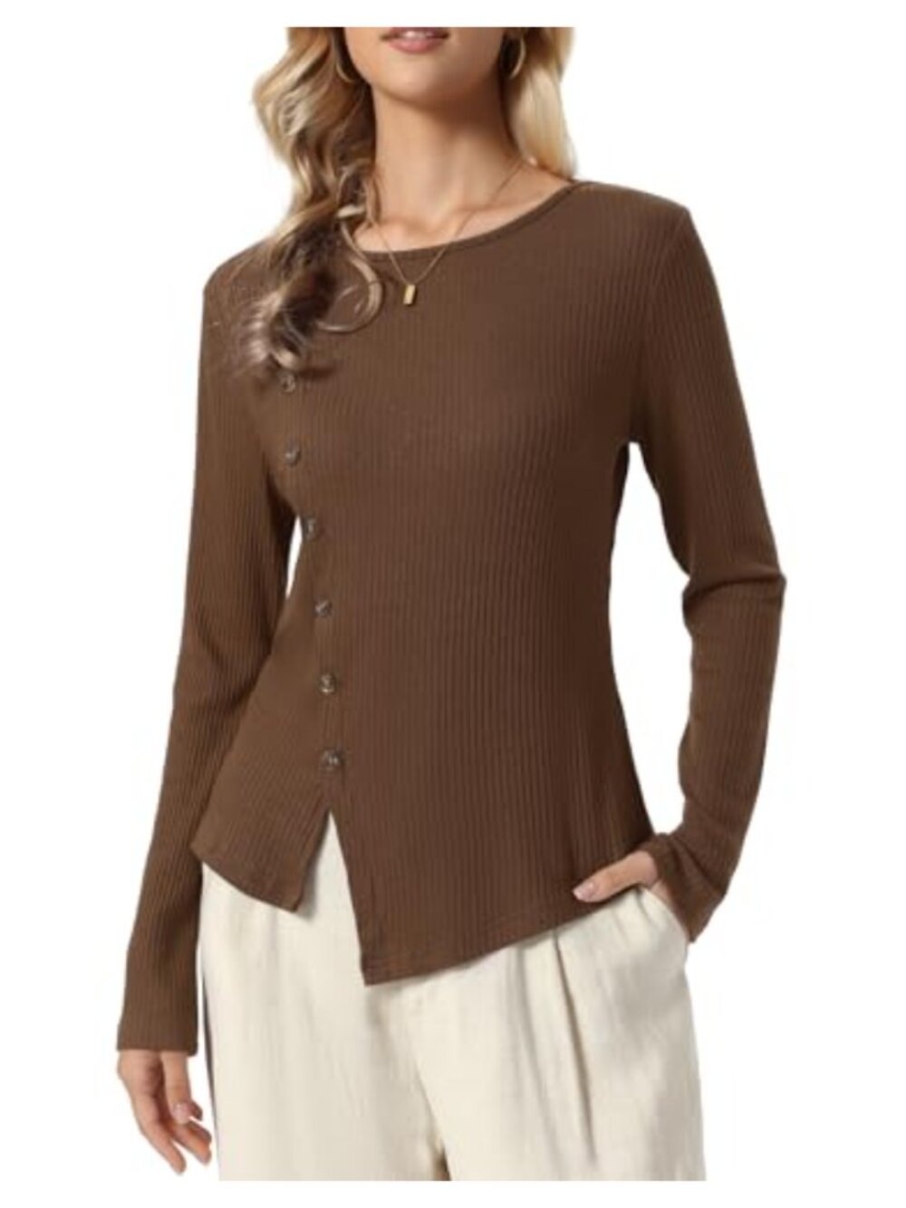 Long Sleeve Crew Neck Button Decor Knit Pullover Sweater